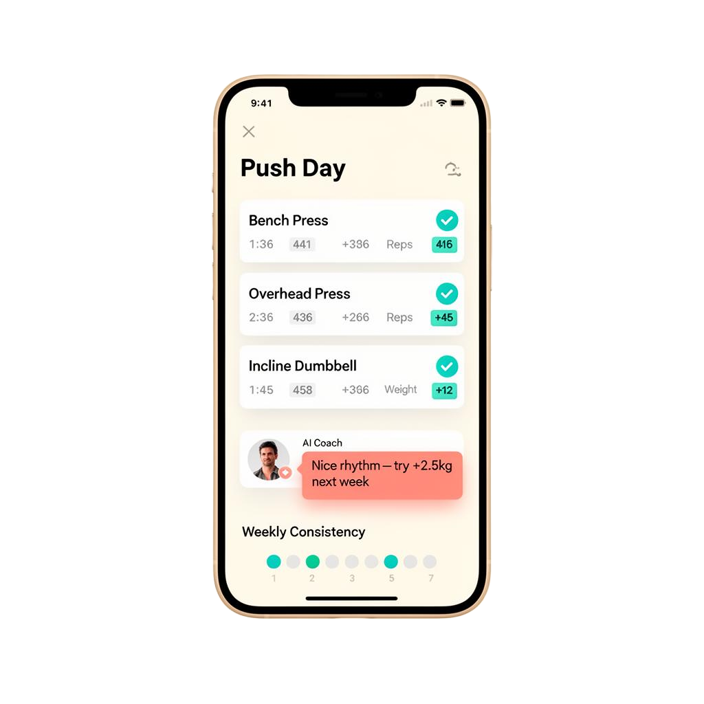 LiftBeat app showing a Push Day workout log, AI coach message, and weekly consistency tracker
